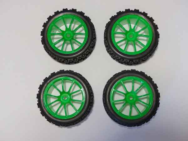 set gomme complete di cerchi verde fluo 1/10 per automodelli stradali/buggy scolpite stile rally(4pz)