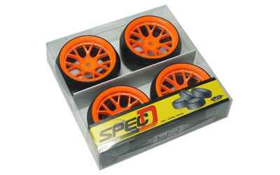 yeahracing set gomme e cerchi da drift offset+3 per 1/0 (arancio fluo)