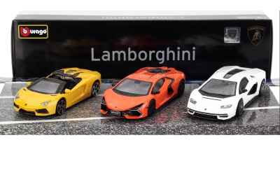 burago Burago set da 3 Lamborghini 1/43 (Revuelto hybrid 2023-Aventador roadster 2018-Countach 2021)