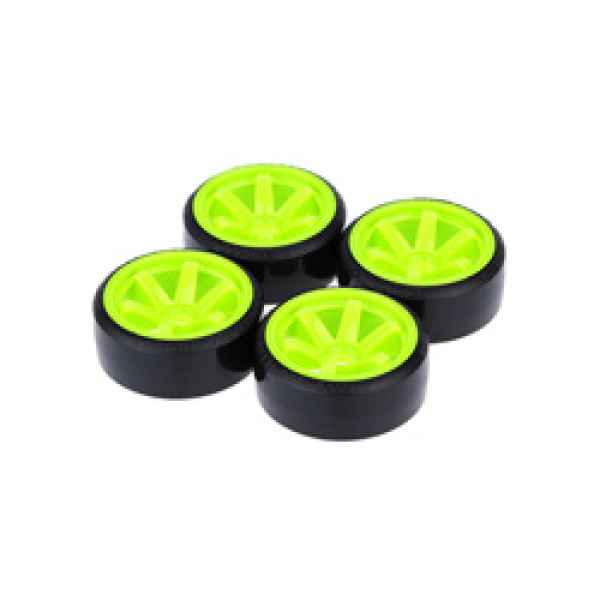 set gomme da drift 1 /10 con esagono 12mm complete di cerchi verde fluo a 6 razze (diametro 61mm; larghezza 26mm) rcs - gomme e accessori, drift