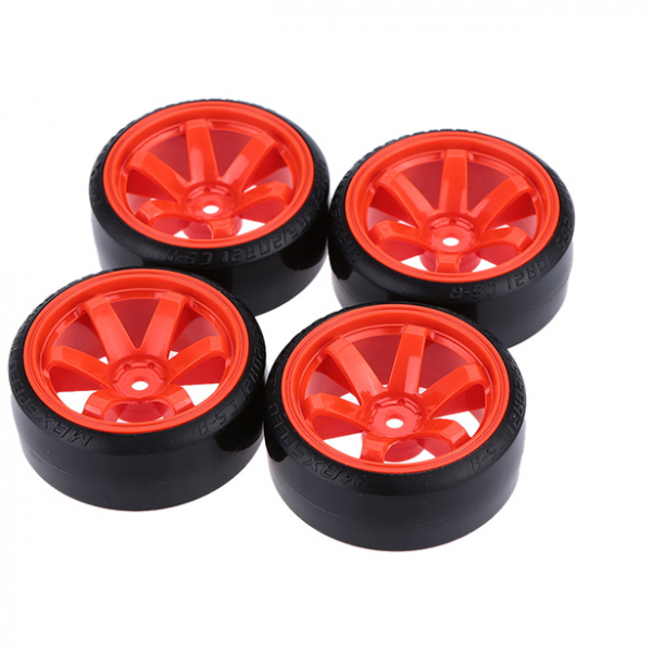 set gomme da drift 1 /10 con esagono 12mm complete di cerchi rosso fluo a 6 razze (diametro 61mm; larghezza 26mm)
